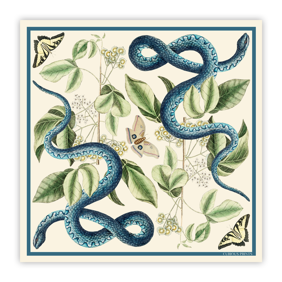 100% Silk Scarf Blue Snake and Butterfly Summer Bandana