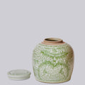 Rustic Peony Green and White Porcelain Jar