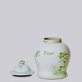 Medium Green and White Porcelain Bird and Flower Temple Jar