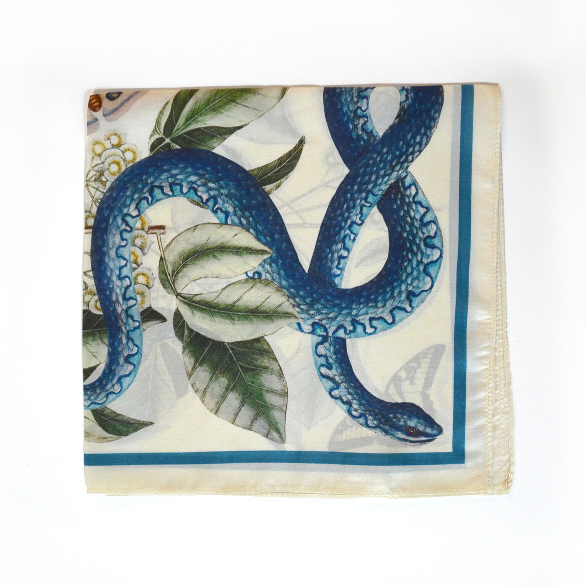 100% Silk Scarf Blue Snake and Butterfly Summer Bandana – One