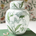7 1/2" Green and White Chinoiserie Ginger Jar with Lid