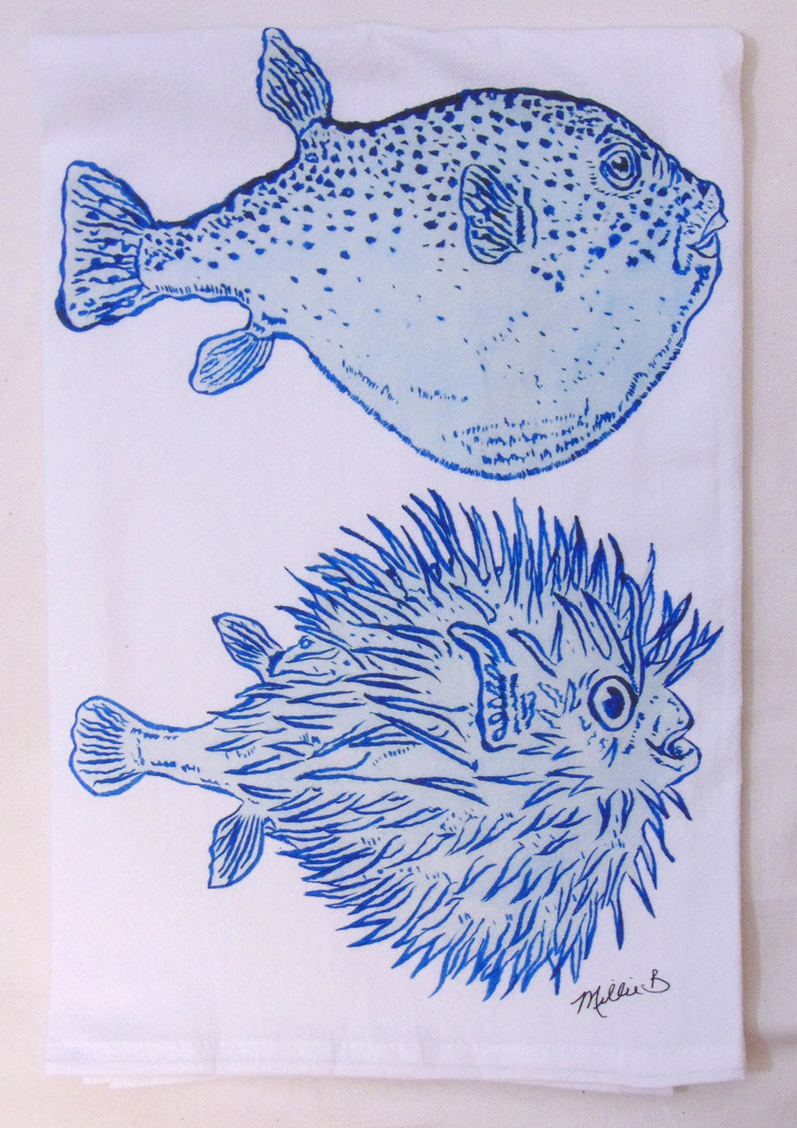 Limited Edition Watercolor Puffer Fish Print White Flour Sack Towel