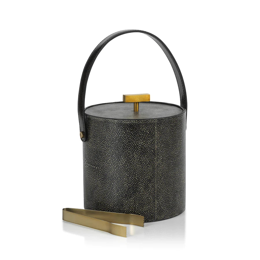 Nika Shagreen Leather Ice Bucket w/Gold Ice Tong