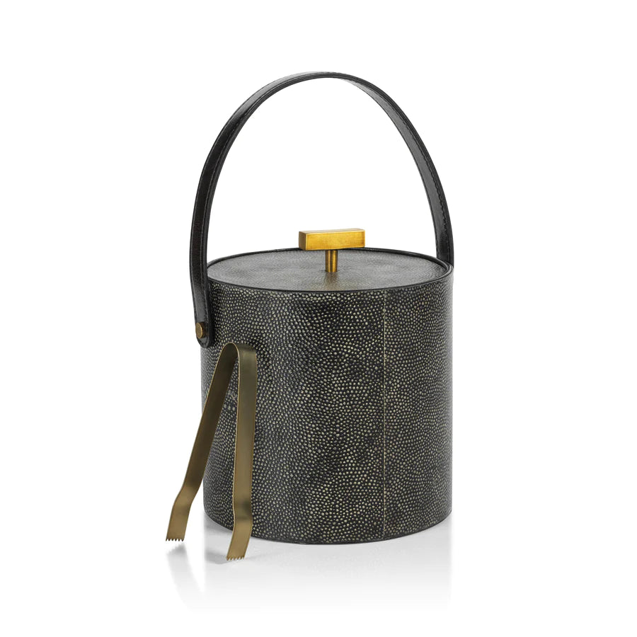 Nika Shagreen Leather Ice Bucket w/Gold Ice Tong