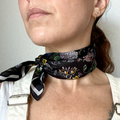 100% Silk Scarf Botanical Black Floral Bandana 17x17