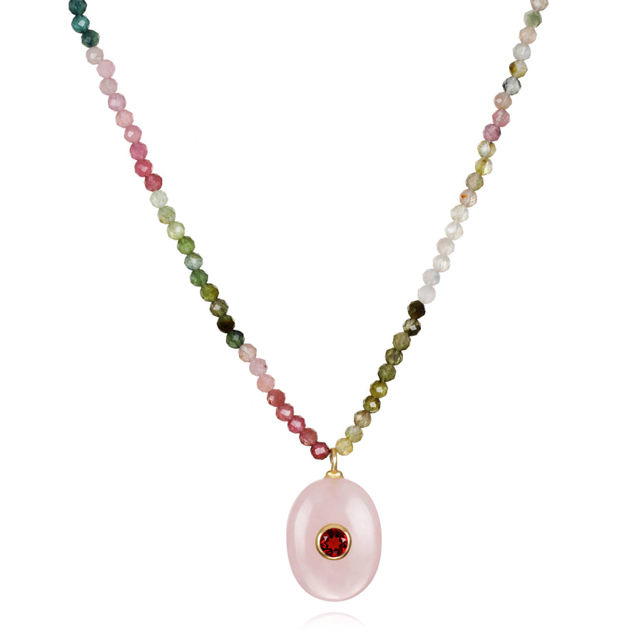 Triple Gemstone Beaded Choker-Tourmaline, Garnet & Rose Qtz