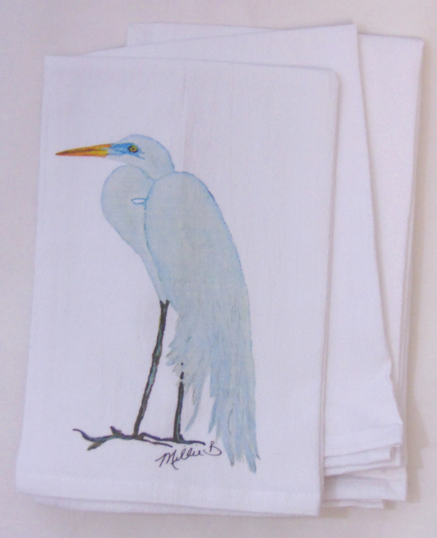 Watercolor Egret Print White Flour Sack Towel