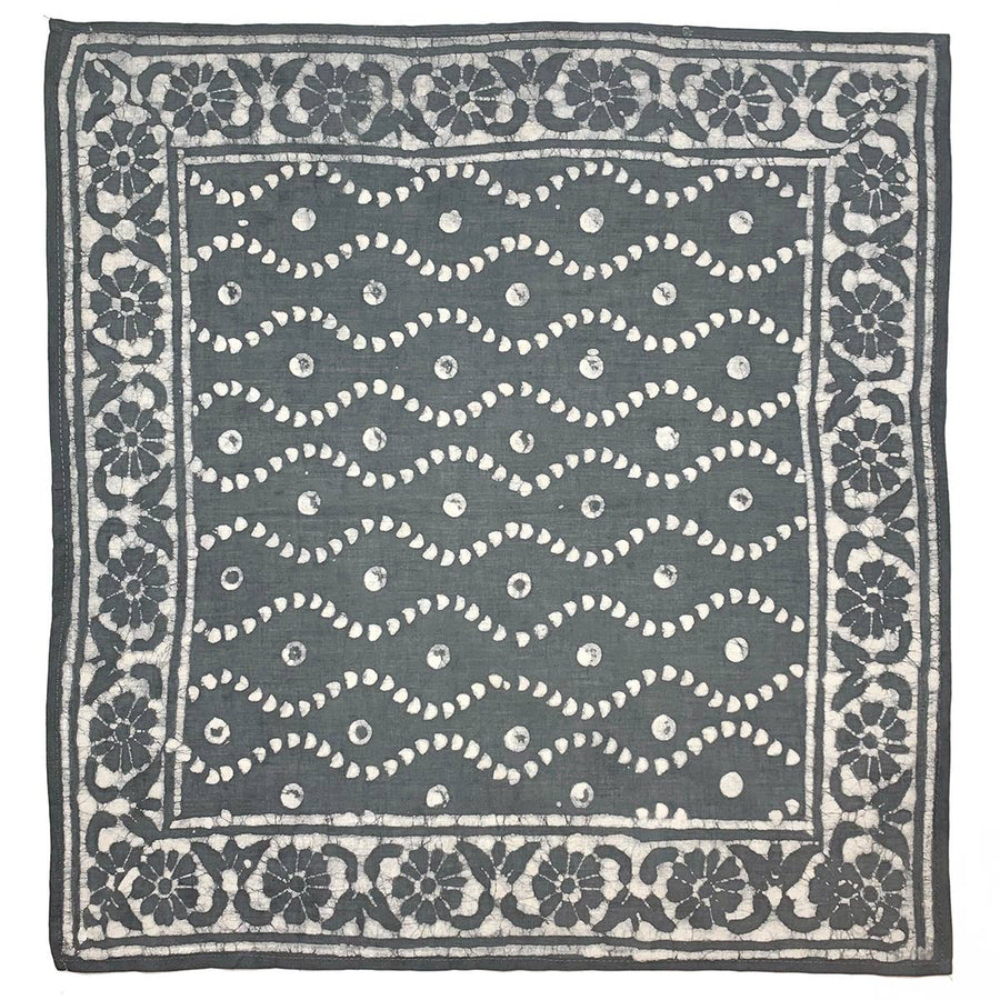 Block Printed Bandana - Blue Wavy Lines Floral Border