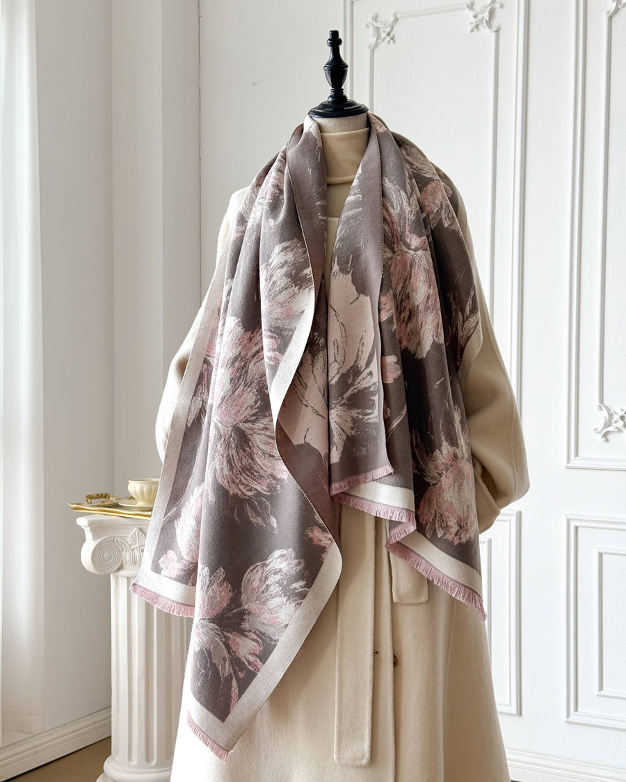 Tan / Pink Peonies Reversible Wrap