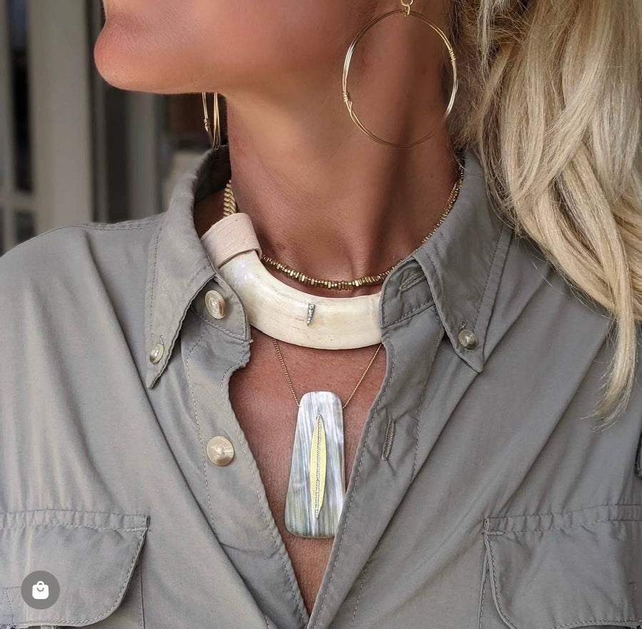 Tan Horn & Gold Crystal Leaf Pendant // Jackson Necklace