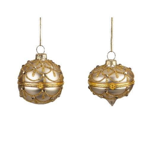 A45508:2 Asst'd gl keepsake orns gold glitter 2.5+3 in