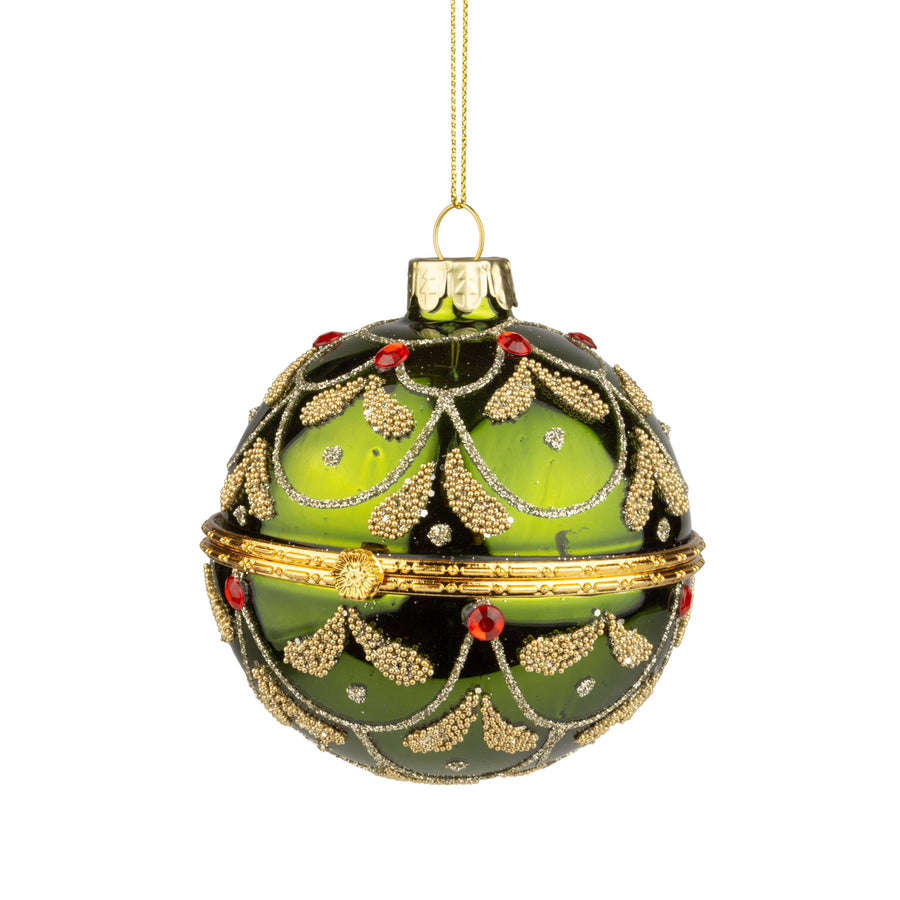 A14367:Glass trinket holder ball,shiny green, gold, 3 in