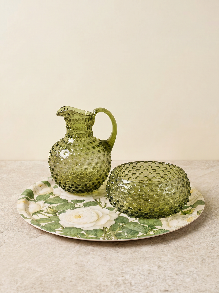 Large Hobnail Glass Bowl | Moss Green | Decorative Dish