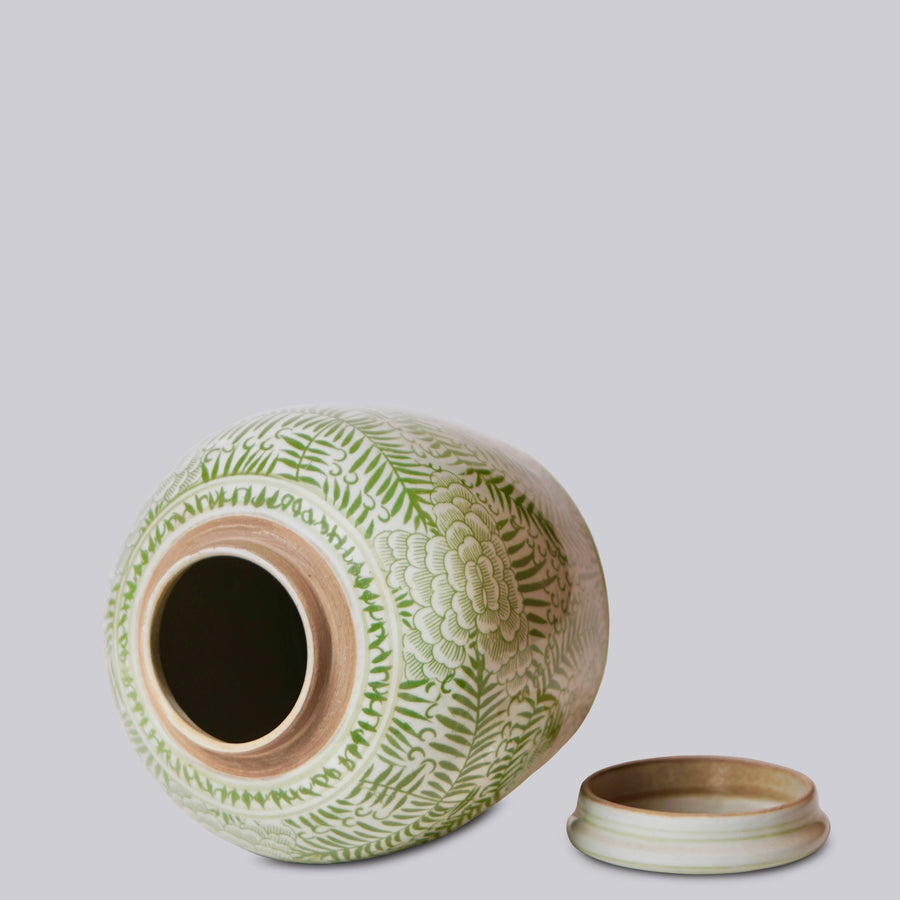 Rustic Peony Green and White Porcelain Jar