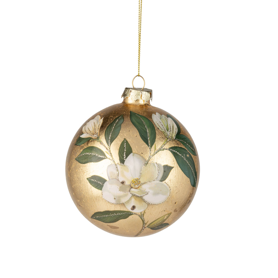 G74243:Glass ball orn,gold foil finish w/ magnolia print