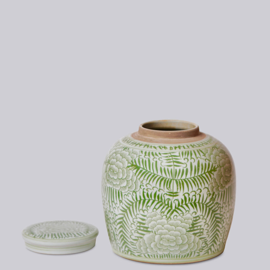 Rustic Peony Green and White Porcelain Jar
