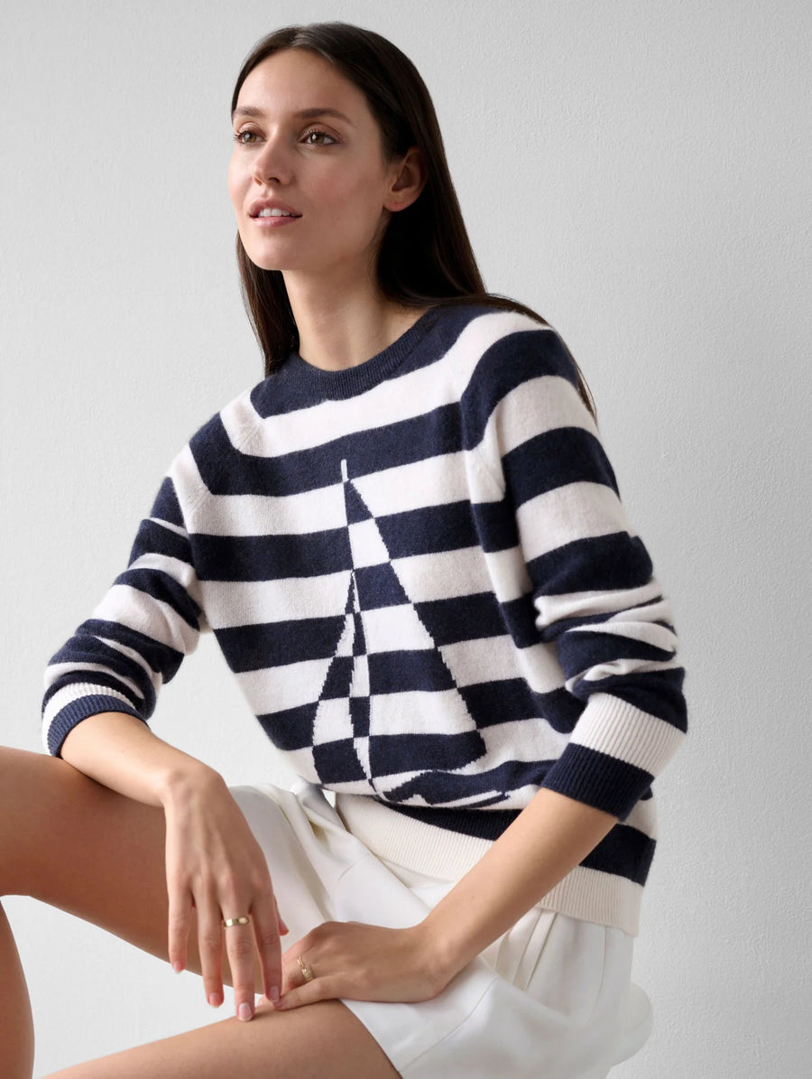 Cashmere Sailboat Strip Crewneck