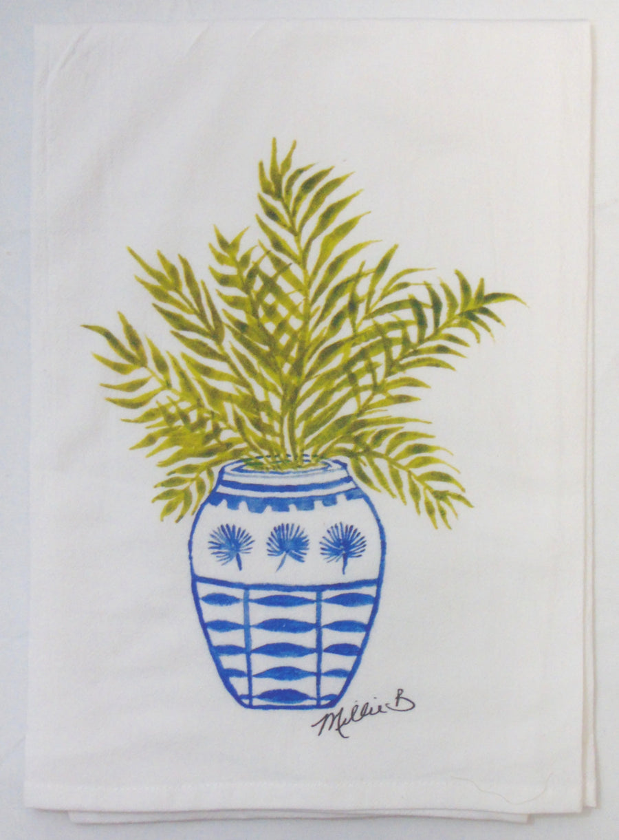 Limited Edition Watercolor Ginger Jar Palm Frond Plant Print White Flour Sack Towel