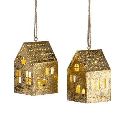 A54005:2 Asst'd gold foil metal house orns LED lights 3 i