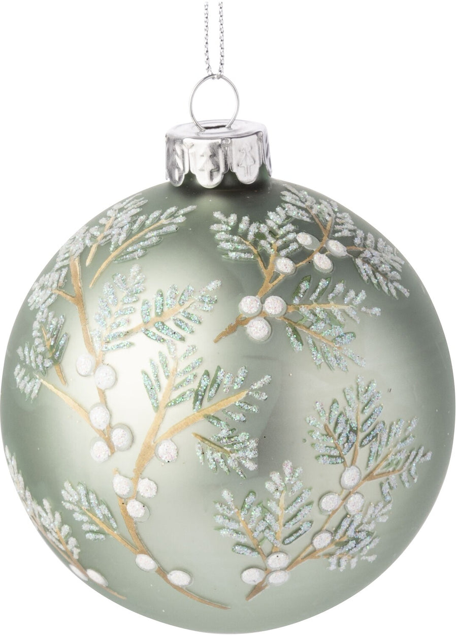 Matte painted Glass Ball W/Pine Boughs/White Berries