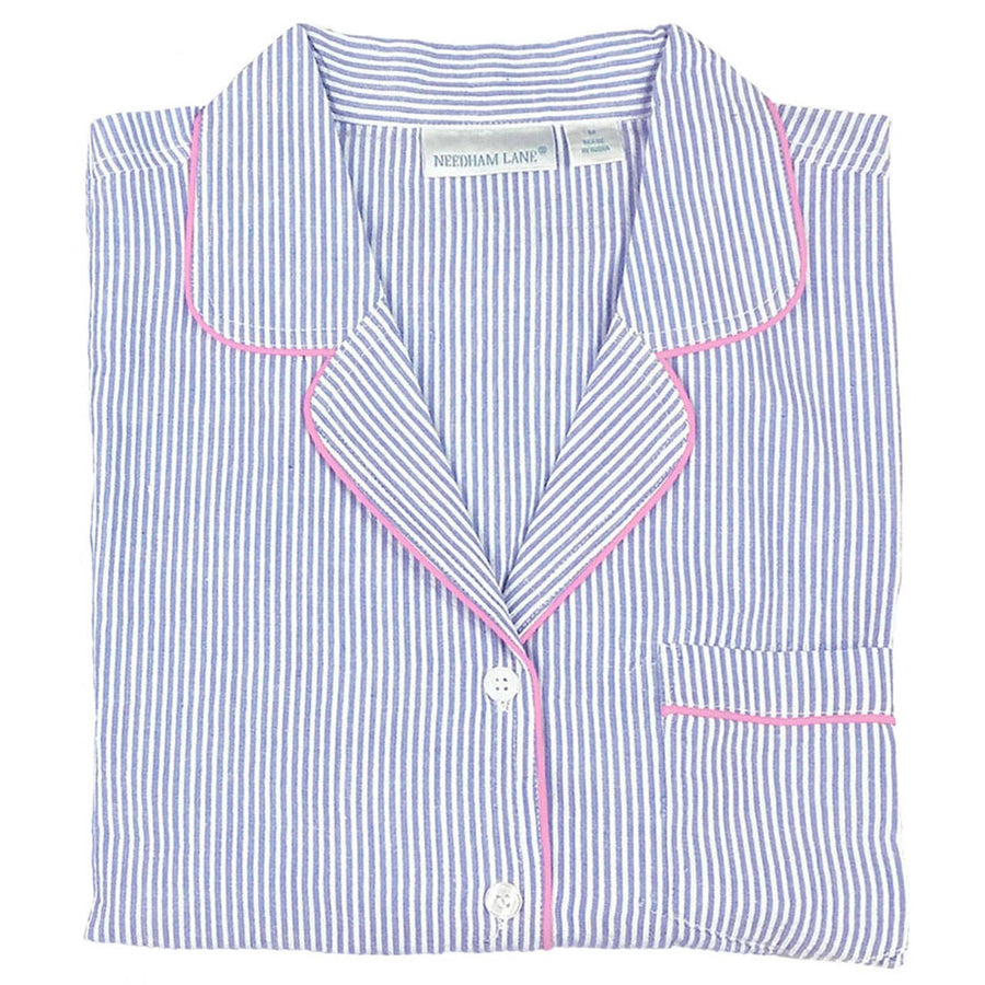 Blue Seersucker-Pink  Long Sleeve Pajamas