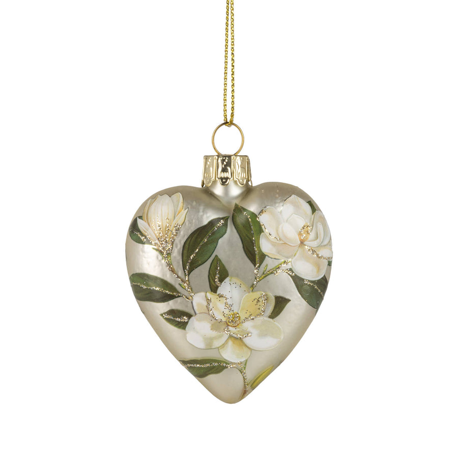 G74246:Glass heart orn,matte gold w/ magnolia print 2.5 i