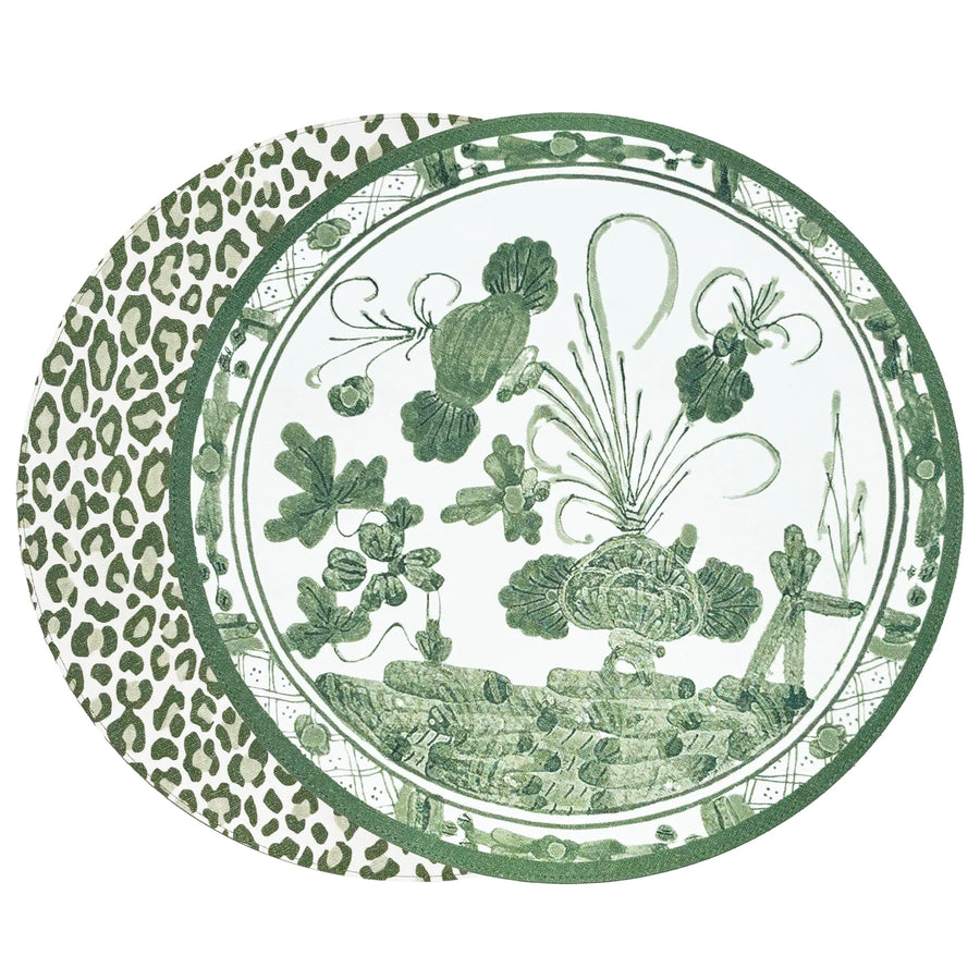 VIDA Faenza and Leopard Reversible Round Placemats Set of 4 White & Green