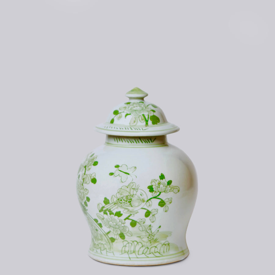 Medium Green and White Porcelain Bird and Flower Temple Jar
