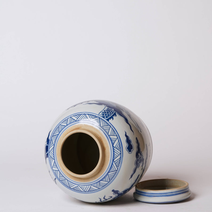Dancing Dragons Blue and White Porcelain Round Jar