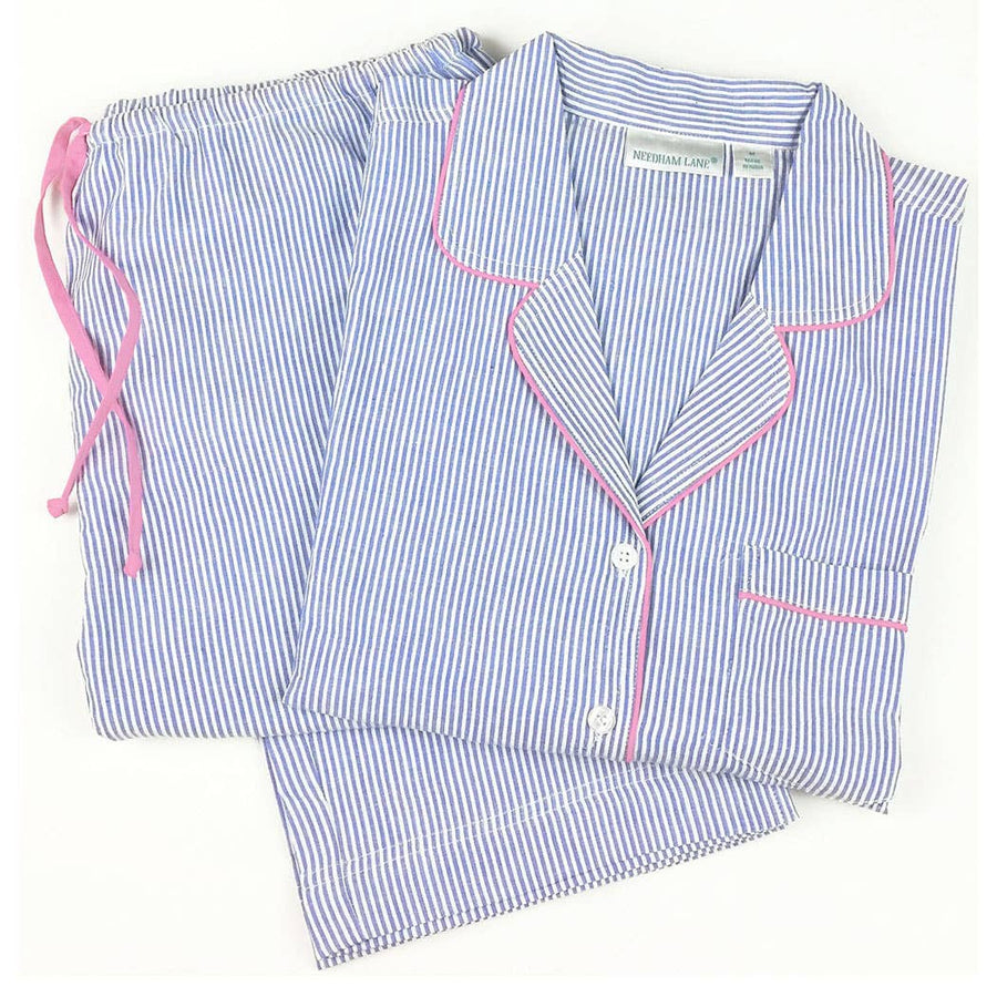 Blue Seersucker-Pink  Long Sleeve Pajamas