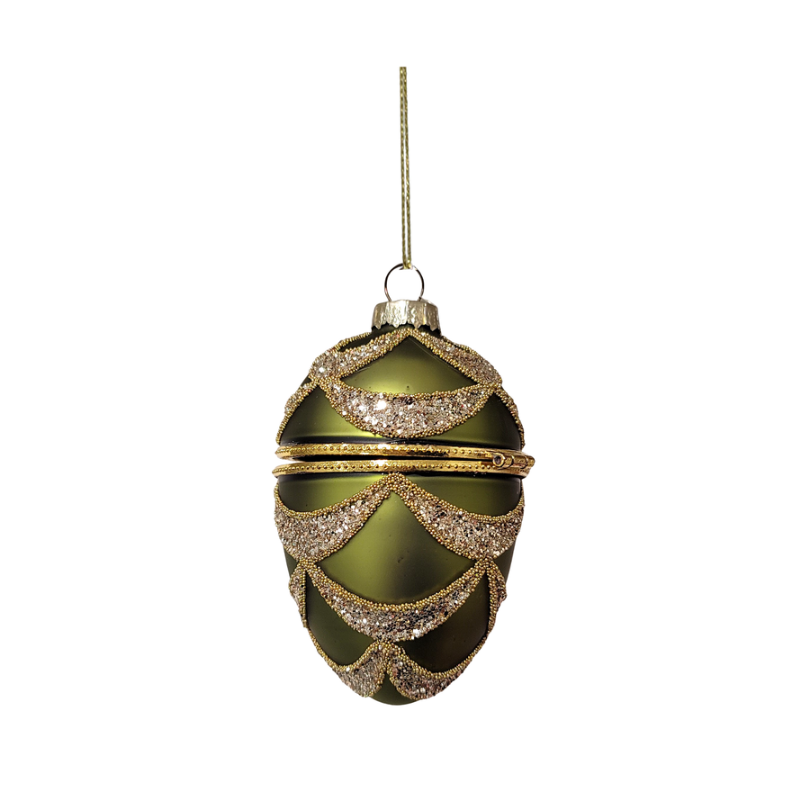 A25521:Glass hinged keepsake orn,dark green w/ gold/silve