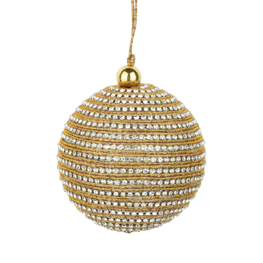 A80583:Gold cord/clear glass jewels on metal ball orn 3 i