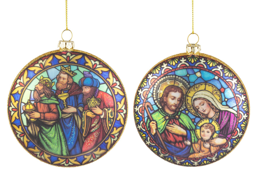 A63247:2 Asst'd nativity disk,wise men stained glass orn,