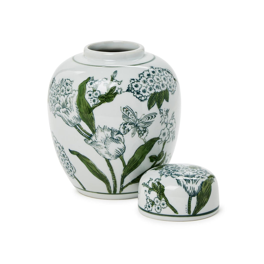 7 1/2" Green and White Chinoiserie Ginger Jar with Lid
