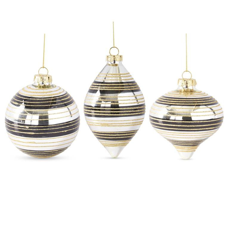 Assorted Mirror Glass Ornaments Black & Gold