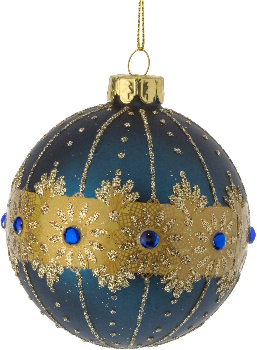 G74162:Matte dk blue glass ball w/ gold motif,glitter/blu
