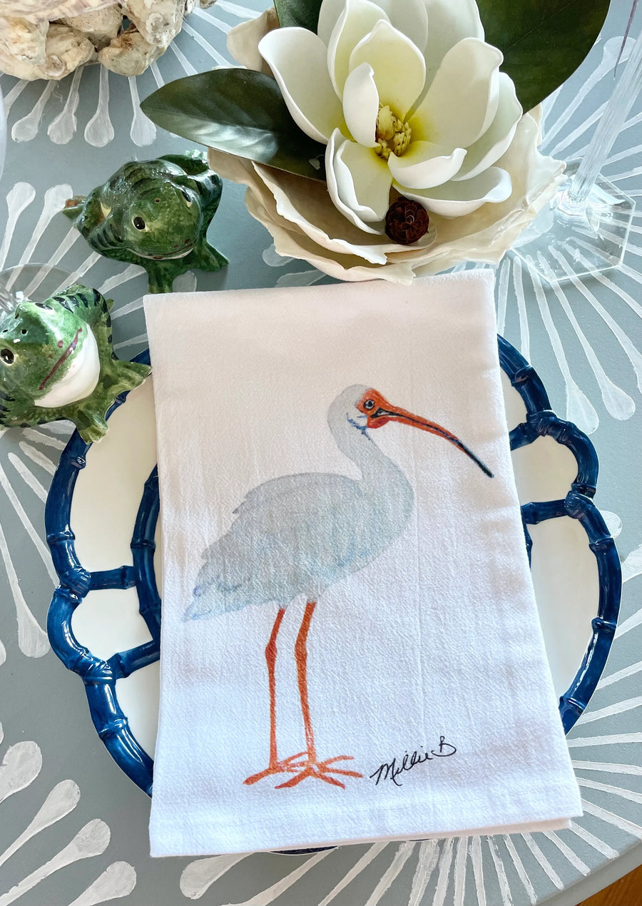 Watercolor Ibis Print White Flour Sack Towel