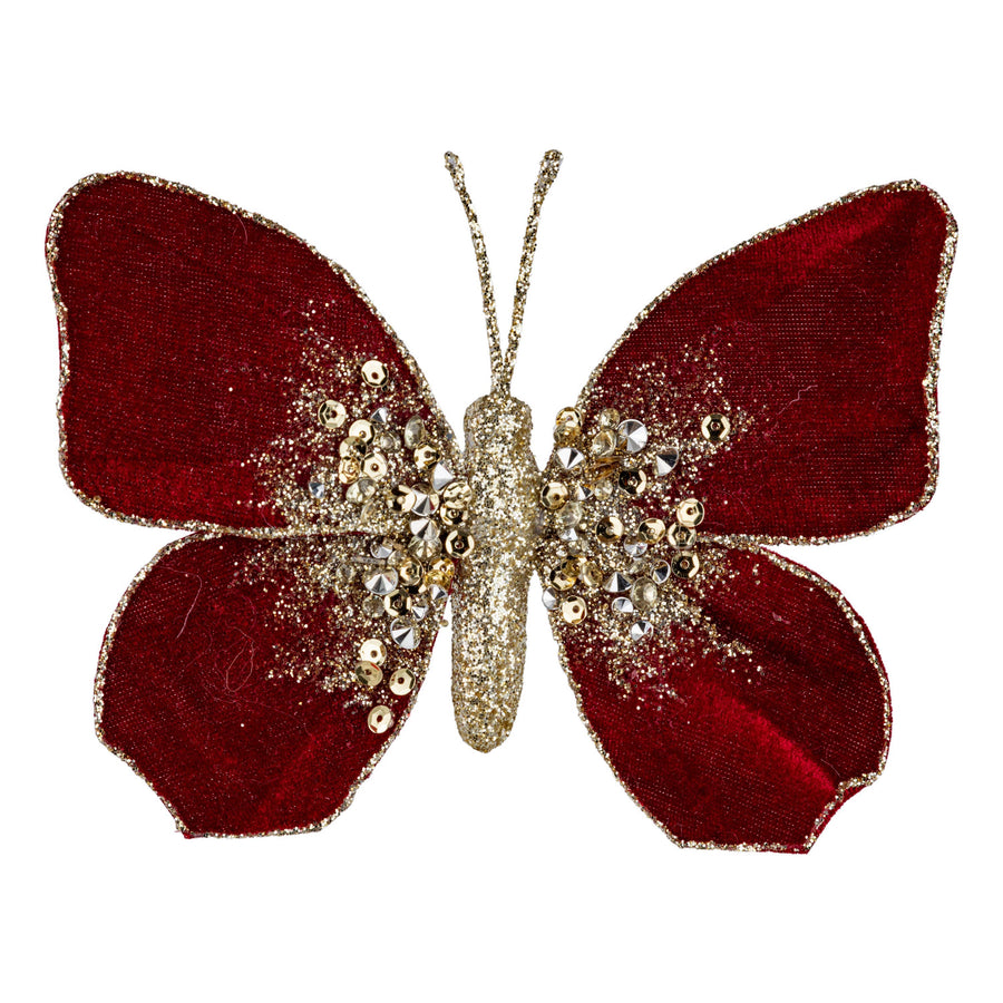 A63275:Red butterfly clip on, velvet with gold glitter, 5