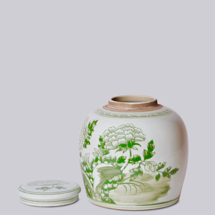 Peony Landscape Green and White Porcelain Jar