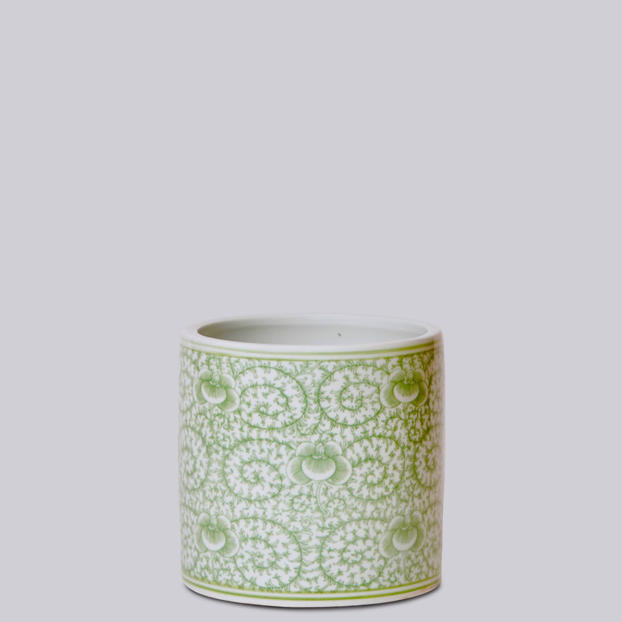 Green and White Porcelain Scrolling Peony Cachepot