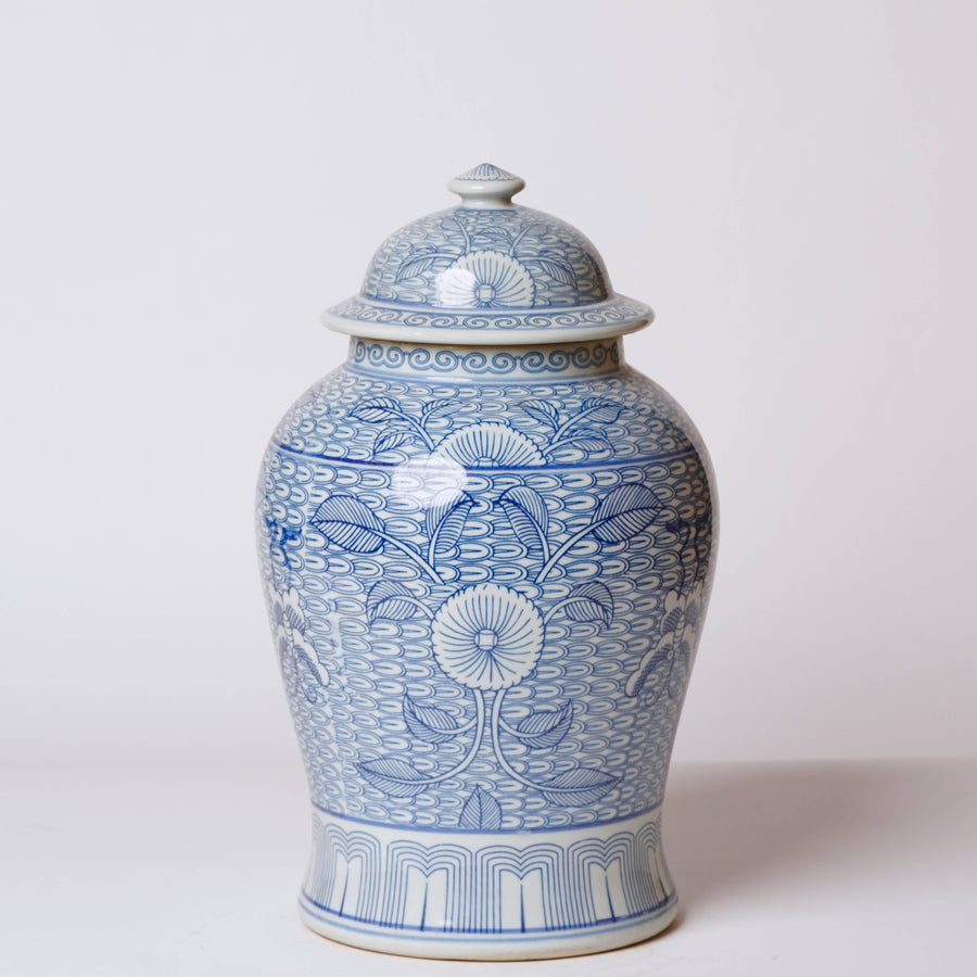 Deco Peony Blue and White Porcelain Temple Jar