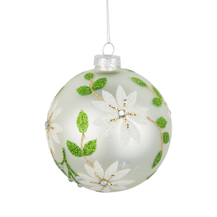 A06665:Glass ball orn,matte white, grn, floral ptn, 4in
