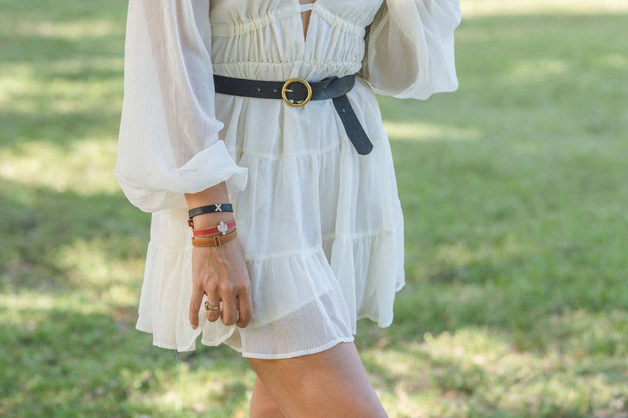 Round Brass Buckle Suede/Genuine Leather Belt｜Minimalist