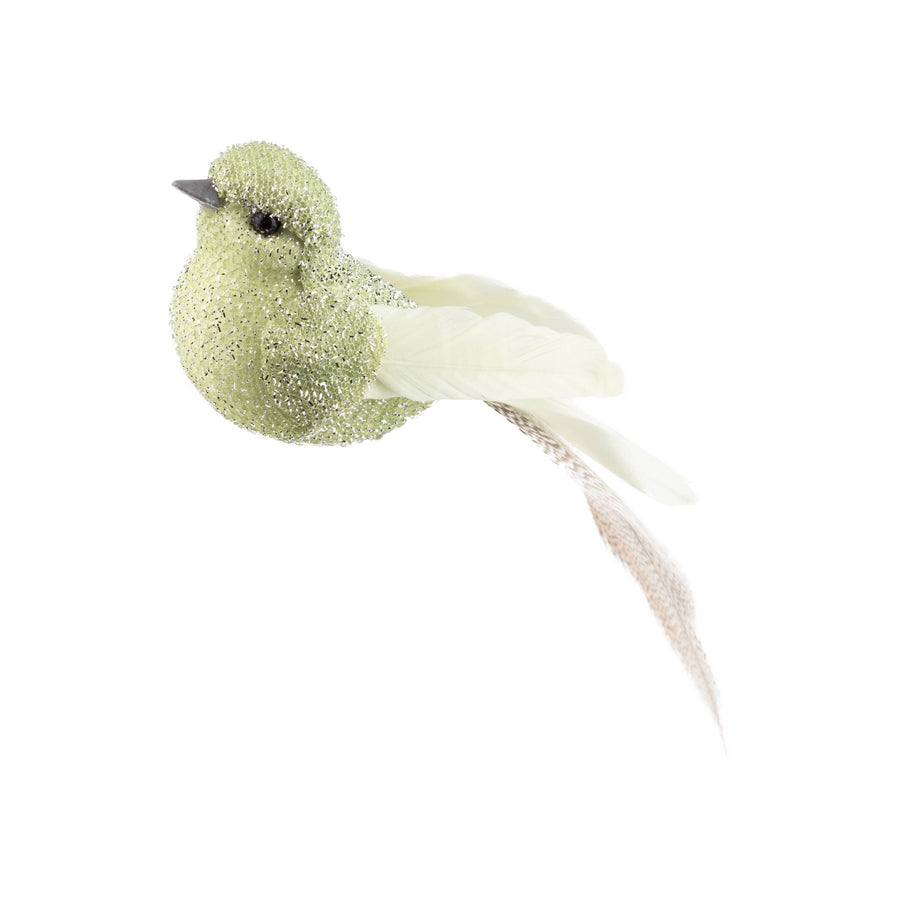 A64477:Pale green clip on bird with feather tail, 5.1 in