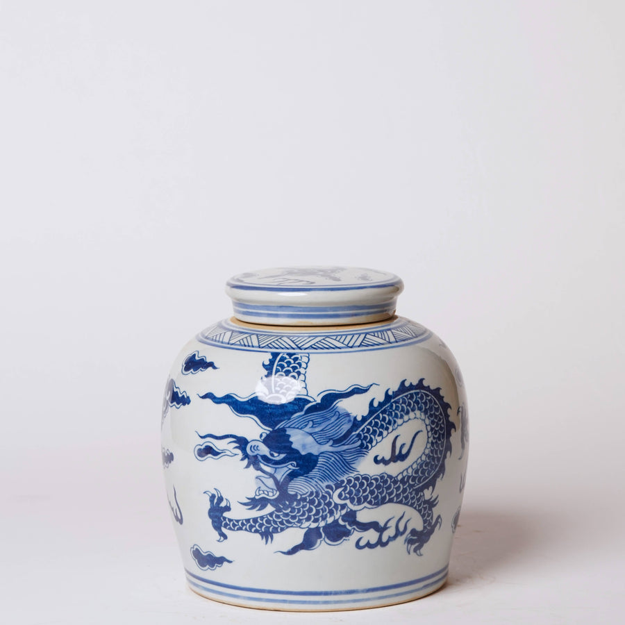 Dancing Dragons Blue and White Porcelain Round Jar