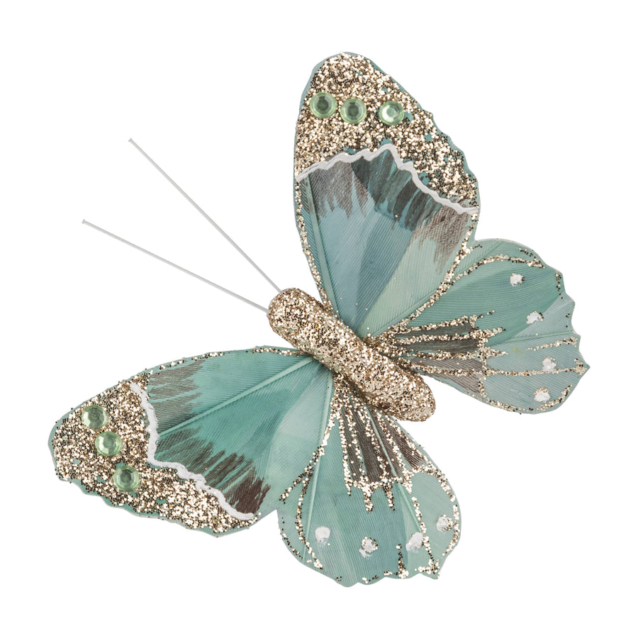 A00820:Butterfly clip orn, green, beaded glitter, 3.5 in