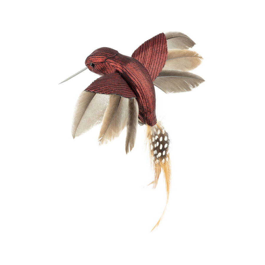 A64473:Burgundy clip on hummingbird orn w/ feather wings/