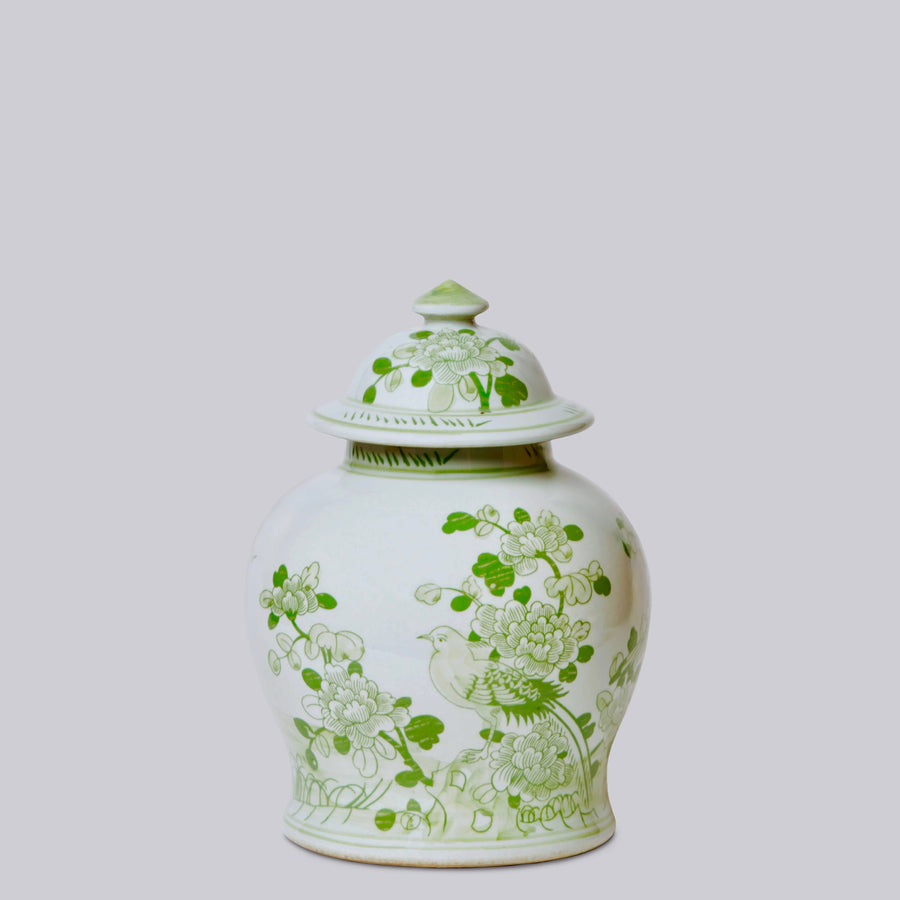 Medium Green and White Porcelain Bird and Flower Temple Jar