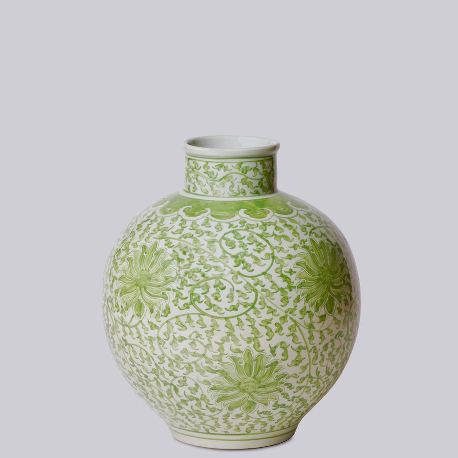 Green and White Porcelain Scrolling Lotus Globe Vase
