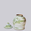 Medium Green and White Porcelain Landscape Temple Jar